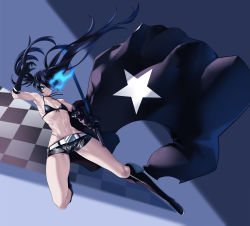 Rule 34 | 1girl, armpits, bare shoulders, belt, bikini, bikini top only, black coat, black footwear, black gloves, black hair, black rock shooter, black rock shooter (character), blue background, blue eyes, boots, checkered background, coat, collarbone, commentary, elbow gloves, flaming eye, flat chest, floating hair, full body, gloves, groin, hair between eyes, highres, holding, holding sword, holding weapon, katana, knee boots, long hair, looking at viewer, midriff, mrnn, navel, pale skin, scar, short shorts, shorts, sidelocks, solo, star (symbol), star print, swimsuit, sword, toned, twintails, uneven twintails, unworn coat, very long hair, weapon