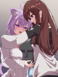 absurdres animal_ear_fluff animal_ears black_hoodie blush breasts brown_hair cat_ears cat_girl cat_tail highres hololive hood hoodie kuronaga large_breasts long_hair nekomata_okayu nekomata_okayu_(oversized_shirt) official_alternate_costume open_mouth purple_eyes purple_hair shirt short_hair smile tail tokino_sora tokino_sora_(streetwear) two-tone_hoodie virtual_youtuber white_hoodie white_shirt