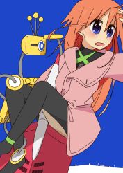 Rule 34 | 1girl, ahoge, blue background, blue eyes, blush, buttons, chaps, coat, crossed legs, daifuco, double-breasted, flip flappers, hair between eyes, long hair, long sleeves, open mouth, orange hair, papika (flip flappers), robot, simple background, solo, trench coat, tt-392, turtleneck