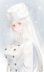 Rule 34 | 1girl, albino, breasts, buttons, coat, commentary request, double-breasted, fate/zero, fate (series), from side, fur coat, fur collar, fur hat, hat, head tilt, irisviel von einzbern, large breasts, long hair, long sleeves, looking at viewer, mizutame tori, parted lips, red eyes, sideways glance, snowing, solo, straight hair, upper body, white coat, white hair, white hat, white theme, winter clothes, winter coat