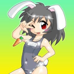 Rule 34 | 1girl, :p, animal ears, black hair, blush, carrot, covered navel, hand on own hip, inaba tewi, one-piece swimsuit, rabbit ears, red eyes, school swimsuit, shiny clothes, solo, swimsuit, tongue, tongue out, touhou, whistle, winn