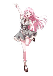 1girl arm_up bang_dream! bang_dream!_it&#039;s_mygo!!!!! blush brown-framed_eyewear chihaya_anon commentary_request dress full_body grey_dress grey_eyes highres long_hair looking_at_viewer one_eye_closed open_mouth pantyhose partial_commentary pink_hair pink_pantyhose puffy_short_sleeves puffy_sleeves short_sleeves simple_background socks solo standing standing_on_one_leg sukenine teeth upper_teeth_only white_background white_socks