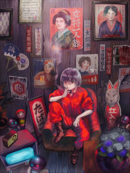 Rule 34 | 1girl, aihara fuu, alcohol, beer, boots, chair, cigarette, coca-cola, commentary, dark, fish, flower, geisha, hair ornament, hairpin, hand fan, highres, indoors, jumpsuit, kitsune, matryoshka doll, milk, original, paper fan, plant, poster (medium), potted plant, purple hair, radio, red eyes, retro artstyle, robot, short hair, sitting, sleeves rolled up, smoking, solo, television, toy, toy robot, uchiwa, wooden floor