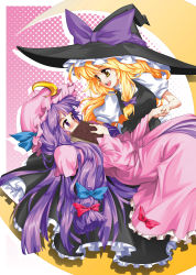 Rule 34 | 2girls, bad id, bad pixiv id, blonde hair, blush, book, bow, covering own mouth, crescent, crescent hat ornament, crescent moon, eye contact, female focus, hair bow, hat, hat ornament, holding hands, hong (white spider), kirisame marisa, long hair, looking at another, moon, multiple girls, open mouth, patchouli knowledge, photoshop (medium), purple hair, ribbon, robe, shy, smile, touhou, very long hair, witch hat, yuri