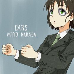 Rule 34 | 1girl, album cover, anbj, arms up, black hair, character name, closed mouth, collared shirt, commentary request, cosplay, cover, english text, expressionless, facial mark, formal, gary numan, green eyes, green necktie, harada miyo, idolmaster, idolmaster cinderella girls, invisible object, long sleeves, makeup, necktie, parody, shirt, short hair, simple background, solo, song name, suit, upper body, white shirt
