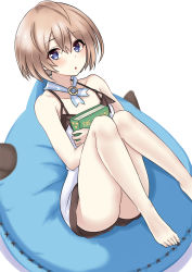 Rule 34 | 1girl, ass, bare legs, bare shoulders, barefoot, blanc (neptunia), blue eyes, blush, book, hugging book, bottomless, brown hair, curious, dogoo, dress, hair between eyes, highres, holding, holding book, knees together feet apart, knees up, legs, looking at viewer, neptune (series), hugging object, open mouth, short hair, sitting on pillow, solo, spaghetti strap, stuffed toy, thighs, white dress, zatsu