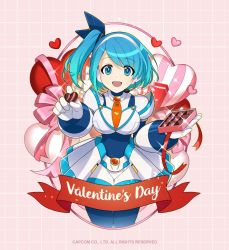 Rule 34 | 1girl, :d, android, blue eyes, blue hair, box, box of chocolates, breasts, capcom, chocolate, cowboy shot, facing viewer, gift, gift box, heart, holding, holding gift, incoming food, incoming gift, looking at viewer, mega man (series), mega man x (series), mega man x dive, mizuno keisuke, official art, open mouth, pink background, ribbon, rico (mega man), short hair, side ponytail, smile, solo, valentine