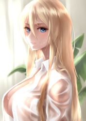 Rule 34 | 1girl, azur lane, bad id, bad pixiv id, bismarck (azur lane), blonde hair, blue eyes, breasts, cleavage, collared shirt, curtains, dress shirt, hair between eyes, highres, indoors, large breasts, looking to the side, neconel, open clothes, open shirt, parted lips, pink lips, plant, see-through, shirt, sidelocks, white shirt, window