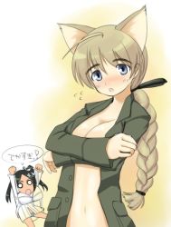 Rule 34 | 00s, 2girls, aki426, animal ears, bad id, bad pixiv id, blue eyes, braid, breast hold, breasts, cat ears, cleavage, francesca lucchini, large breasts, lowres, lynette bishop, multiple girls, open clothes, open shirt, shirt, single braid, strike witches, translated, world witches series