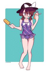 Rule 34 | 1girl, barefoot, bow, bowtie, brown eyes, brown hair, eosd2002, food, frilled one-piece swimsuit, frills, full body, glasses, hat, highres, blue background, looking to the side, low twintails, one-piece swimsuit, plaid, plaid swimsuit, popsicle, purple one-piece swimsuit, shaved ice, short hair, short twintails, swimsuit, touhou, twintails, usami sumireko