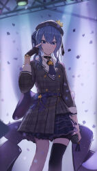 Rule 34 | 1girl, absurdres, belt, bird, blue eyes, blue hair, bracelet, choker, confetti, crow, dress, gloves, grey dress, hat, highres, hololive, hoshimachi suisei, hoshimachi suisei (1st costume), jewelry, lemonzzz33, microphone, partially fingerless gloves, side ponytail, single glove, single thighhigh, solo, stage lights, star tattoo, tattoo, thighhighs, virtual youtuber