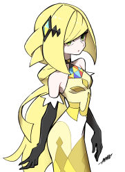 Rule 34 | 1girl, absurdres, ayakadegozans, bare shoulders, black gloves, blonde hair, breasts, creatures (company), dress, elbow gloves, game freak, gloves, green eyes, hair ornament, highres, long hair, looking at viewer, lusamine (pokemon), nintendo, parted lips, pokemon, pokemon masters ex, simple background, sleeveless, sleeveless dress, solo, white background