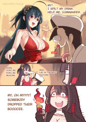 Rule 34 | +++, 1boy, 2girls, :d, ahoge, akagi (azur lane), alcohol, azur lane, bare shoulders, black gloves, black hair, black kimono, black legwear, blood, blush, breasts, brown eyes, brown hair, brown legwear, bulging eyes, champagne, champagne flute, choker, cleavage, closed mouth, cocktail dress, collarbone, comic, commander (azur lane), cup, dress, drinking glass, english text, eye pop, eyeliner, eyeshadow, fang, fire, gloves, hair between eyes, hair ornament, hat, highres, hm (hmongt), holding, holding cup, jacket, japanese clothes, kimono, large breasts, lighter, long hair, long sleeves, makeup, military, military hat, military uniform, multiple girls, multiple views, naval uniform, nosebleed, official alternate costume, one side up, open mouth, partially fingerless gloves, peaked cap, pouring, pouring onto self, red choker, red dress, red eyes, smile, taihou (azur lane), taihou (forbidden feast) (azur lane), thighhighs, tongue, tongue out, twitter username, uniform, very long hair, wet, wet clothes, white hat, white jacket