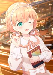 Rule 34 | 1girl, ;d, absurdres, aqua eyes, book, bow, braid, crossed bangs, dress, dress bow, hairband, highres, hinoshita kaho, holding, holding book, library, light blush, link! like! love live!, long sleeves, looking at viewer, love live!, medium hair, neck ribbon, one eye closed, open mouth, orange hair, orange ribbon, photo background, pinky out, puffy long sleeves, puffy sleeves, ribbon, side braids, smile, solo, soramizuki, upper body, white dress, white hairband