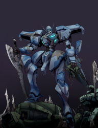 Rule 34 | cable, f-15 eagle (muv-luv), f-22a raptor (muv-luv), glowing, grey background, head tilt, highres, holding, holding head, holding sword, holding weapon, looking ahead, mecha, muv-luv, muv-luv alternative, no humans, robot, science fiction, solo focus, sword, tactical surface fighter, takuden, type 94 shiranui, weapon, wire