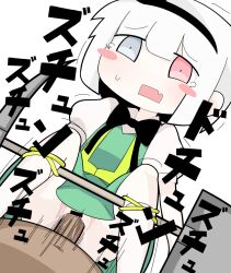 Rule 34 | 1girl, bar censor, black bow, black bowtie, black hairband, blue eyes, blunt bangs, blush, bob cut, bow, bowtie, censored, clothing aside, collared shirt, commentary, cookie (touhou), feet out of frame, green skirt, green vest, hairband, hetero, heterochromia, hospital king, konpaku youmu, medium bangs, motion lines, open mouth, panties, panties aside, penis, pickaxe, puffy short sleeves, puffy sleeves, pussy, red eyes, sex, shirt, short hair, short sleeves, shovel, simple background, skirt, skirt set, tearing up, touhou, underwear, vaginal, vest, white background, white hair, white panties, white shirt, zerukalo (cookie)