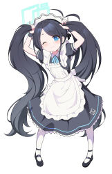 Rule 34 | 1girl, ;), absurdres, apron, aris (blue archive), aris (maid) (blue archive), arms up, black dress, black hair, blue archive, blue eyes, blue halo, blush, bunching hair, closed mouth, commentary, dress, english commentary, full body, halo, highres, long dress, long hair, looking at viewer, maid, maid apron, official alternate costume, one eye closed, pantyhose, puffy short sleeves, puffy sleeves, qkracho (thesdroz), ringed eyes, short sleeves, simple background, smile, solo, tareme, twintails, very long hair, waist apron, white apron, white background, white pantyhose