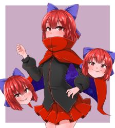 Rule 34 | 1girl, black shirt, blouse, blush, bow, cape, disembodied head, hair bow, hand on own hip, haruka (haruka channel), long sleeves, miniskirt, pleated skirt, red cape, red eyes, red hair, red skirt, sekibanki, shirt, skirt, solo, touhou