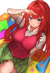 Rule 34 | 1girl, ahoge, blue eyes, breasts, collared shirt, facing viewer, from above, go-toubun no hanayome, green skirt, hair ornament, hand on own head, highres, large breasts, long hair, looking ahead, nakano itsuki, open mouth, red hair, red sweater vest, red vest, runep, shirt, short sleeves, sitting, skirt, solo, star (symbol), star hair ornament, sweater vest, vest, white shirt