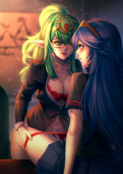 Rule 34 | 2girls, alternate costume, bakki, blue eyes, blue hair, blurry, blush, bra, braid, breasts, classroom, cleavage, closed mouth, collarbone, contemporary, couple, depth of field, desk, downblouse, eye contact, female focus, fire emblem, fire emblem awakening, french braid, glasses, green eyes, green hair, grin, hair between eyes, hair ornament, highres, indoors, large breasts, lips, lipstick, long hair, looking at another, lucina (fire emblem), makeup, multiple girls, nintendo, on desk, open clothes, panties, panty pull, parted lips, pointy ears, ponytail, rectangular eyewear, red bra, red panties, school, school uniform, sitting, on desk, slit pupils, smile, teacher, teacher and student, tiara, tiki (adult) (fire emblem), tiki (fire emblem), underwear, yuri