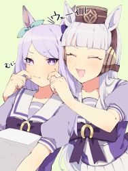 Rule 34 | 2girls, ^ ^, animal ears, blush, bow, cheek pinching, closed eyes, closed mouth, ear bow, grey hair, highres, holding, holding paper, horse ears, lips, long hair, looking at viewer, mejiro mcqueen (umamusume), multiple girls, open mouth, paper, pillbox hat, pinching, purple eyes, purple hair, purple shirt, roko (rokomoko don), sailor collar, school uniform, shirt, simple background, skirt, smile, sweatdrop, tracen school uniform, translation request, upper body, v-shaped eyebrows, white skirt, yellow background