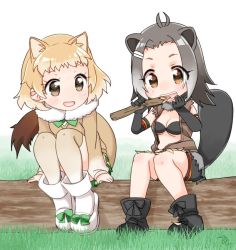 Rule 34 | 10s, 2girls, american beaver (kemono friends), animal ears, beaver ears, beaver tail, bike shorts, bikini, bikini top only, biting, black-tailed prairie dog (kemono friends), blush, boots, breasts, brown eyes, chiru, elbow gloves, full body, fur collar, gloves, gradient hair, grass, grey hair, jacket, kemono friends, light brown hair, log, long sleeves, medium breasts, multicolored hair, multiple girls, nature, navel, open clothes, open jacket, open mouth, outdoors, po! (poroporo7), short hair, shorts, simple background, sitting, skirt, smile, sweater, sweater vest, swimsuit, tail, torn clothes, underboob, white background, wood