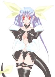 Rule 34 | 1girl, arc system works, bodysuit, choker, collarbone, dizzy (guilty gear), frown, guilty gear, hair ribbon, looking at viewer, navel, own hands together, red eyes, ribbon, short hair, silver hair, simple background, solo, thighhighs, white background