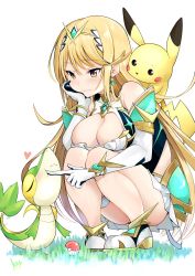 Rule 34 | 1girl, bare legs, bare shoulders, blonde hair, breast press, breasts, chest jewel, cleavage, cleavage cutout, clothing cutout, creatures (company), crossover, daive, dress, earrings, elbow gloves, game freak, gen 1 pokemon, gen 5 pokemon, gloves, highres, jewelry, large breasts, long hair, mythra (xenoblade), nintendo, pikachu, pokemon, pokemon (creature), short dress, snivy, swept bangs, thigh strap, tiara, very long hair, white dress, white footwear, white gloves, xenoblade chronicles (series), xenoblade chronicles 2, yellow eyes