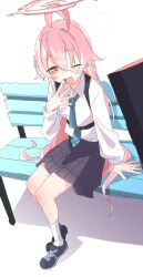Rule 34 | 1girl, ahoge, bench, blue archive, blue footwear, blush, collared shirt, hair between eyes, halo, hand to own mouth, hibimegane, highres, hoshino (blue archive), long hair, long sleeves, looking at viewer, necktie, one eye closed, open mouth, orange eyes, pink hair, pleated skirt, shirt, shoes, sitting, skirt, socks, solo, very long hair, white shirt, white socks