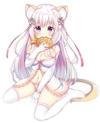 Rule 34 | 1girl, absurdres, animal ear fluff, animal ears, bare shoulders, blush, breasts, cleavage, closed mouth, commentary request, copyright request, dress, elbow gloves, fang, food, food on face, frilled dress, frills, full body, gloves, hair between eyes, hand up, highres, holding, holding food, large breasts, long hair, looking at viewer, navel, no shoes, panties, pink hair, pink panties, purple eyes, rinringyo, sidelocks, sitting, solo, strap slip, tail, taiyaki, thighhighs, transparent background, underwear, very long hair, wagashi, wariza, white dress, white gloves, white thighhighs