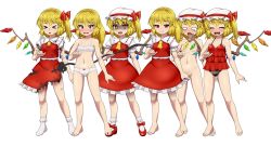 Rule 34 | &gt; &lt;, + +, 1girl, ascot, barefoot, blonde hair, blush, bow, bra, breasts, burnt clothes, collared shirt, crystal, d.koutya, fang, fang out, fangs, flandre scarlet, frilled shirt, frilled shirt collar, frilled skirt, frilled sleeves, frills, hat, hat ribbon, mary janes, medium hair, mob cap, multiple persona, no headwear, nude, one-piece swimsuit, one side up, panties, puffy short sleeves, puffy sleeves, red bow, red eyes, red footwear, red one-piece swimsuit, red ribbon, red skirt, red vest, ribbon, shirt, shoes, short sleeves, simple background, skirt, small breasts, socks, solo, speech bubble, standing, swimsuit, tachi-e, torn clothes, touhou, underwear, vest, white background, white bra, white hat, white panties, white shirt, white socks, wings