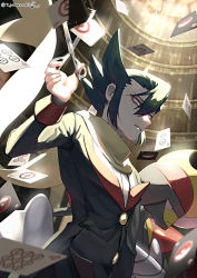 Rule 34 | 1boy, artist name, bisharp, buttons, card, commentary request, creatures (company), cutting, elite four, floating hair, game freak, gen 5 pokemon, green hair, grimsley (pokemon), hair between eyes, hand up, highres, holding, holding scissors, indoors, jacket, long sleeves, male focus, motion blur, nintendo, pants, pokemon, pokemon (creature), pokemon bw, scarf, scissors, shirt, watermark, yamanashi taiki, yellow scarf