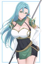 Rule 34 | 1girl, aqua hair, armor, black dress, bow, braid, breastplate, breasts, chloe (fire emblem), cleavage, commentary, covered navel, cowboy shot, dress, elbow gloves, fire emblem, fire emblem engage, garter straps, gloves, green eyes, hair bow, highres, large breasts, long hair, looking at viewer, nintendo, orange bow, pauldrons, pencil dress, shoulder armor, smile, solo, standing, thighs, tourniquet (tourniquet tk), very long hair, white background, white gloves