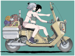 Rule 34 | 2girls, bikini, bikini top only, black hair, breasts, crop top, gloves, highres, large breasts, long hair, midriff, motor vehicle, multiple girls, on scooter, original, pointing, ponytail, riding, scooter, short hair, short shorts, shorts, simple background, small breasts, sukabu, swimsuit, white hair