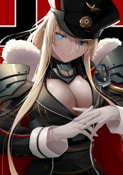 Rule 34 | 1girl, absurdres, azur lane, bismarck (azur lane), bismarck (coat of arms), black cape, black dress, blonde hair, blue eyes, breasts, cape, cleavage, closed mouth, coat of arms, commentary request, dress, flag background, fur-trimmed cape, fur trim, gloves, hair between eyes, hat, highres, interlocked fingers, large breasts, long hair, long sleeves, looking at viewer, medal, military, military uniform, oshida bob, peaked cap, red cape, sidelocks, smile, solo, standing, uniform, upper body
