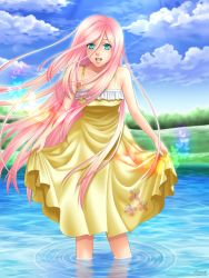 Rule 34 | 1girl, animal, bird, dress, earrings, fluttershy, green eyes, highres, jewelry, long hair, my little pony, my little pony: friendship is magic, personification, pink hair, sky, smile, standing, tree, water