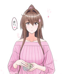 Rule 34 | 1girl, alternate costume, brown eyes, brown hair, cherry blossoms, flower, hair flower, hair ornament, kantai collection, long hair, looking at viewer, off-shoulder sweater, off shoulder, pink sweater, ponytail, simple background, solo, sweater, takase asagiri, tokkuri, upper body, white background, yamato (kancolle)