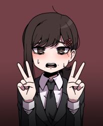 Rule 34 | 1girl, black jacket, black necktie, blush, brown eyes, brown hair, chainsaw man, collared shirt, double v, hair ornament, hairclip, hands up, higashiyama kobeni, jacket, karepack, long sleeves, looking at viewer, mole, mole under eye, mole under mouth, necktie, open mouth, ponytail, red background, shirt, solo, sweat, teeth, upper body, upper teeth only, v, white shirt