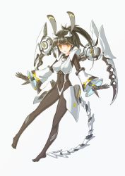 Rule 34 | 1girl, animal ears, armor, black hair, blush, bodysuit, breastplate, breasts, covered navel, fake animal ears, faulds, full body, gloves, hair ornament, high ponytail, highres, long hair, mecha musume, mechanical tail, open mouth, orange eyes, original, pigeon-toed, ponytail, short hair with long locks, shoulder pads, simple background, skin tight, solo, tail, white background, xsk (ruanmumu)