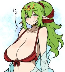 Rule 34 | 1girl, bikini, breasts, fire emblem, fire emblem: mystery of the emblem, fire emblem awakening, fire emblem heroes, green eyes, green hair, hair ornament, huge breasts, kara age, long hair, looking at viewer, md5 mismatch, nintendo, pointy ears, ponytail, resolution mismatch, sagging breasts, smile, solo, source larger, swimsuit, tiki (adult) (fire emblem), tiki (adult) (summer) (fire emblem), tiki (fire emblem)