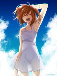 Rule 34 | 1girl, ^ ^, ahoge, alternate costume, arm behind head, arm up, armpits, bare arms, bare shoulders, blue sky, closed eyes, cloud, commentary request, day, dress, fate/grand order, fate (series), fujimaru ritsuka (female), looking at viewer, open mouth, orange hair, outdoors, short hair, side ponytail, sky, solo, tamagoyaki (tamagomaigo), twitter username, white dress