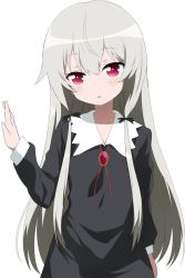 Rule 34 | 10s, 1girl, arm up, black dress, commentary request, dress, highres, long hair, red eyes, shimejinameko, silver hair, simple background, solo, sophie twilight, tonari no kyuuketsuki-san, upper body, white background