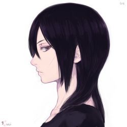 Rule 34 | 1girl, black hair, black shirt, brown eyes, closed mouth, color guide, copyright request, from side, hair between eyes, looking at viewer, looking to the side, portrait, profile, shirt, shu-mai, sideways glance, simple background, solo, white background