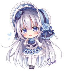 Rule 34 | 1girl, :d, black bow, black footwear, blue flower, blue hat, blue rose, blush, bonnet, bow, chibi, commentary request, flower, frilled hat, frilled skirt, frills, full body, hair between eyes, hair bow, hair flower, hair ornament, hat, hat flower, heart, long sleeves, looking at viewer, mitsuba choco, open mouth, original, puffy long sleeves, puffy sleeves, purple eyes, rose, shirt, shoes, signature, silver hair, simple background, skirt, smile, solo, standing, thighhighs, white background, white shirt, white skirt, white thighhighs