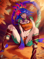 Rule 34 | highres, league of legends, legs apart, looking at viewer, multicolored hair, neeko (league of legends), themaestronoob, tribal clothes, two-tone hair