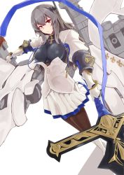 Rule 34 | 1girl, azur lane, boots, breasts, brown pantyhose, closed mouth, corset, cross-laced footwear, diamond (shape), elbow pads, eyebrows, fleur-de-lis, frown, gauntlets, grey hair, hair between eyes, hair ornament, highres, holding, holding polearm, holding spear, holding weapon, lace-up boots, large breasts, left-handed, long hair, looking at viewer, machinery, miniskirt, mitcheru, mole, mole under eye, outstretched arm, pantyhose, pleated skirt, polearm, red eyes, saint-louis (azur lane), sidelocks, skirt, solo, spear, standing, turret, weapon, white footwear, white skirt