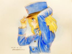 Rule 34 | 1girl, adjusting clothes, adjusting headwear, arm behind head, bc freedom (emblem), bc freedom military uniform, blonde hair, blue eyes, blue hat, blue jacket, blue vest, closed mouth, commentary, cropped torso, dated, dress shirt, emblem, from side, girls und panzer, hat, high collar, highres, jacket, kepi, light frown, long sleeves, medium hair, messy hair, military, military hat, military uniform, one-hour drawing challenge, oshida (girls und panzer), q-bee (aaru), shirt, solo, texture, traditional media, twitter username, uniform, upper body, vest, white shirt