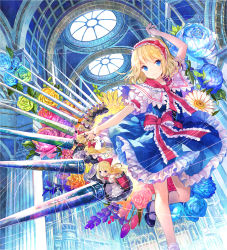 Rule 34 | 1girl, alice margatroid, arch, architecture, arm garter, arm up, ascot, black footwear, blonde hair, blue dress, blue eyes, blue flower, blue rose, bow, capelet, ceiling, clone, cross-laced clothes, daisy, dome, dress, flower, frilled capelet, frilled dress, frills, from below, fuzichoco, green flower, green rose, hair bow, hairband, indoors, jewelry, lance, leg up, lolita hairband, looking at viewer, mary janes, orange flower, orange rose, outstretched arm, perspective, pillar, pink flower, pink rose, polearm, puffy short sleeves, puffy sleeves, puppet rings, puppet strings, purple flower, purple rose, rainbow order, red bow, red flower, red ribbon, red rose, reflection, ribbon, ring, rose, sash, shanghai doll, shield, shoes, short dress, short hair, short sleeves, smile, socks, solo, standing, standing on one leg, sunflower, touhou, tulip, weapon, white socks, yellow flower, yellow rose