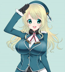 Rule 34 | 10s, 1girl, amu 4244, aqua eyes, atago (kancolle), bad id, bad pixiv id, blonde hair, breasts, ei 4244, gloves, hat, kantai collection, large breasts, looking at viewer, open mouth, personification, ribbon, salute, solo