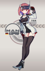 Rule 34 | 1girl, absurdres, arm up, arnold-s, black leotard, black thighhighs, breasts, brown hair, closed mouth, collarbone, commentary, full body, german flag, gloves, grey footwear, hair between eyes, high heels, highres, jacket, leotard, long sleeves, looking at viewer, medium breasts, original, personification, red eyes, red gloves, shoe soles, shoes, solo, standing, thighhighs, visor, white jacket